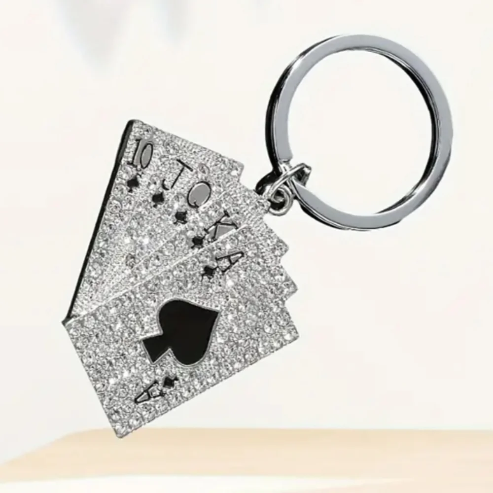 Sparkling Silver Rhinestones Playing Cards Keychain Spades Poker Key Ring Holder